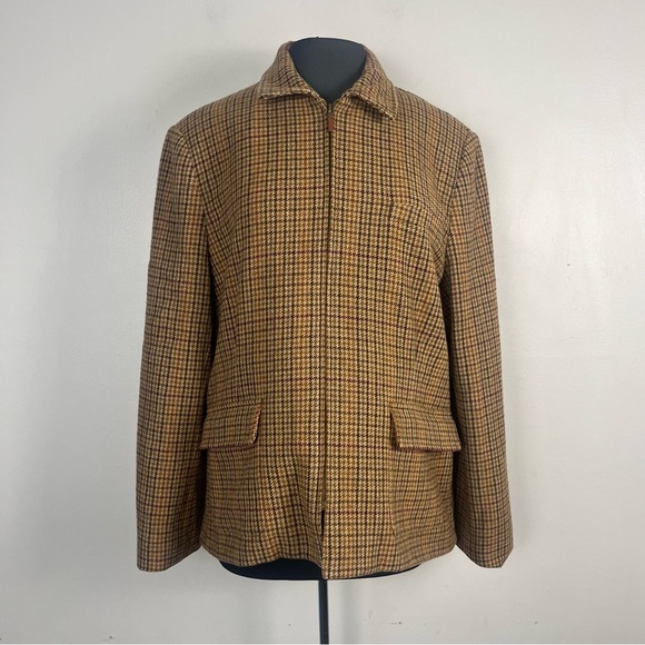 Ralph Lauren Wool Jacket Womens 16 Brown Houndstooth Plaid Equestrian Riding Zip - Picture 1 of 9